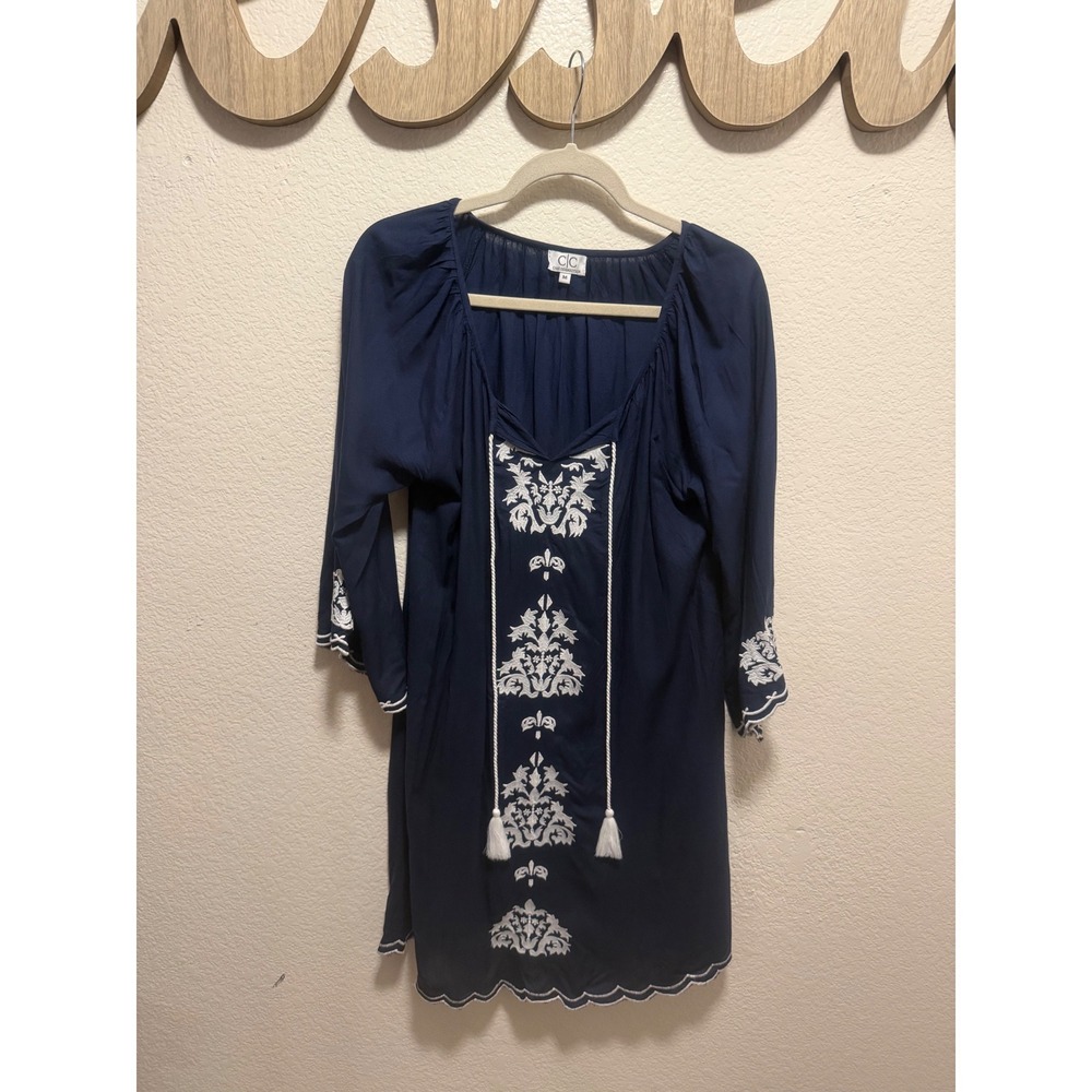 Chic Connection Navy Blue Embroidered Tassel Boho Tunic Dress Womens Medium
